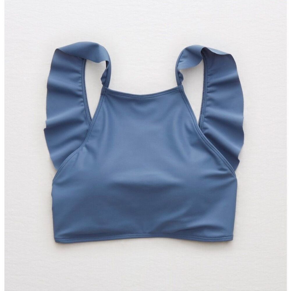 aerie high neck ruffle low back swim bikini top blue size medium M beach pool
